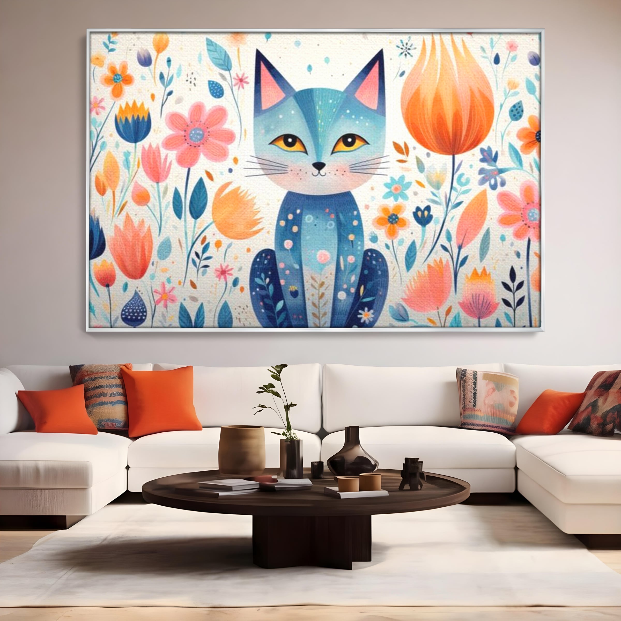 Tablou canvas cu ilustratie digitala cu pisica albastra si flori, in rama de aluminiu argintiu, pe perete intr-un living